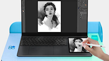 Um laptop estranho para criativos tem um tablet de 7 polegadas ao lado do teclado