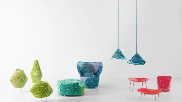 Linha de móveis de inspiração japonesa é feita com tecido reciclável e colorido