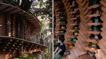 Uma casa circular sustentável que exibe brinquedos descartados nas paredes como decoração única